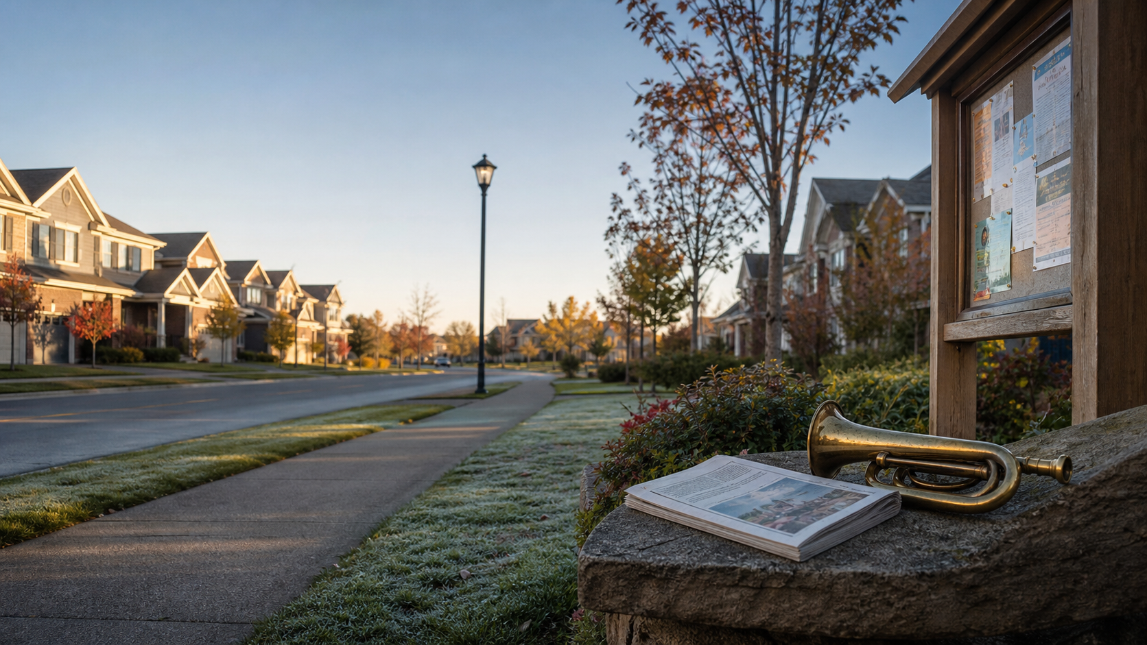 A quiet Barrhaven-style suburban street with a folded local paper and brass bugle by a community notice board