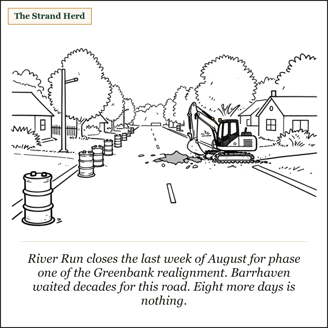 A loose black ink cartoon of an empty suburban street closed off by construction barrels, with an idle excavator beside a torn-up patch of pavement and houses and summer trees on either side.