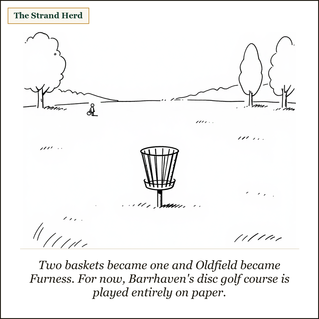 A loose black ink cartoon of a single disc golf basket standing alone on a wide empty suburban park lawn, with one small distant figure holding a disc and a few trees along the far edge.