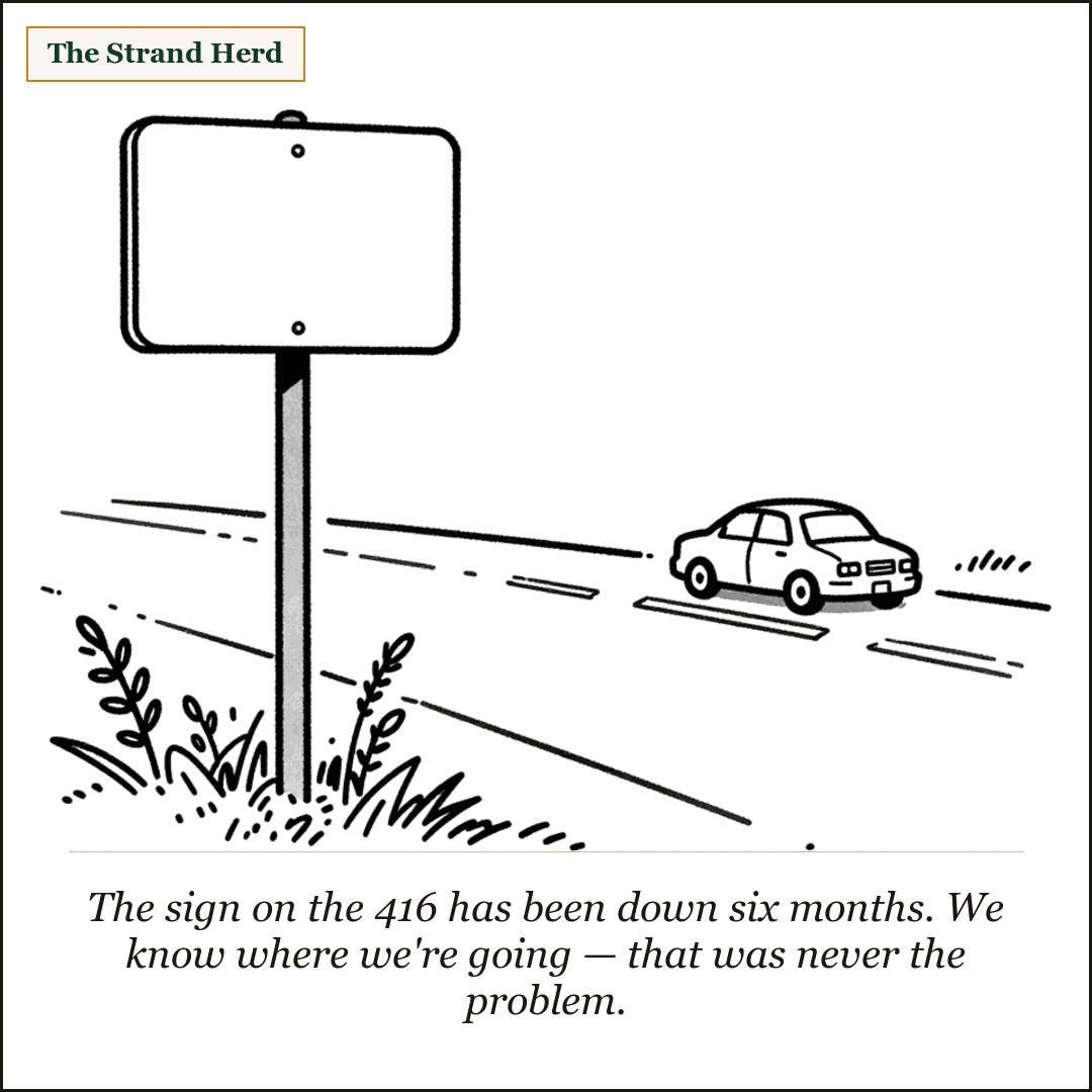 A blank, faceless highway sign on a post beside an empty stretch of Highway 416, weeds growing at the base, a single car driving past. Caption about the 416 sign being down six months.