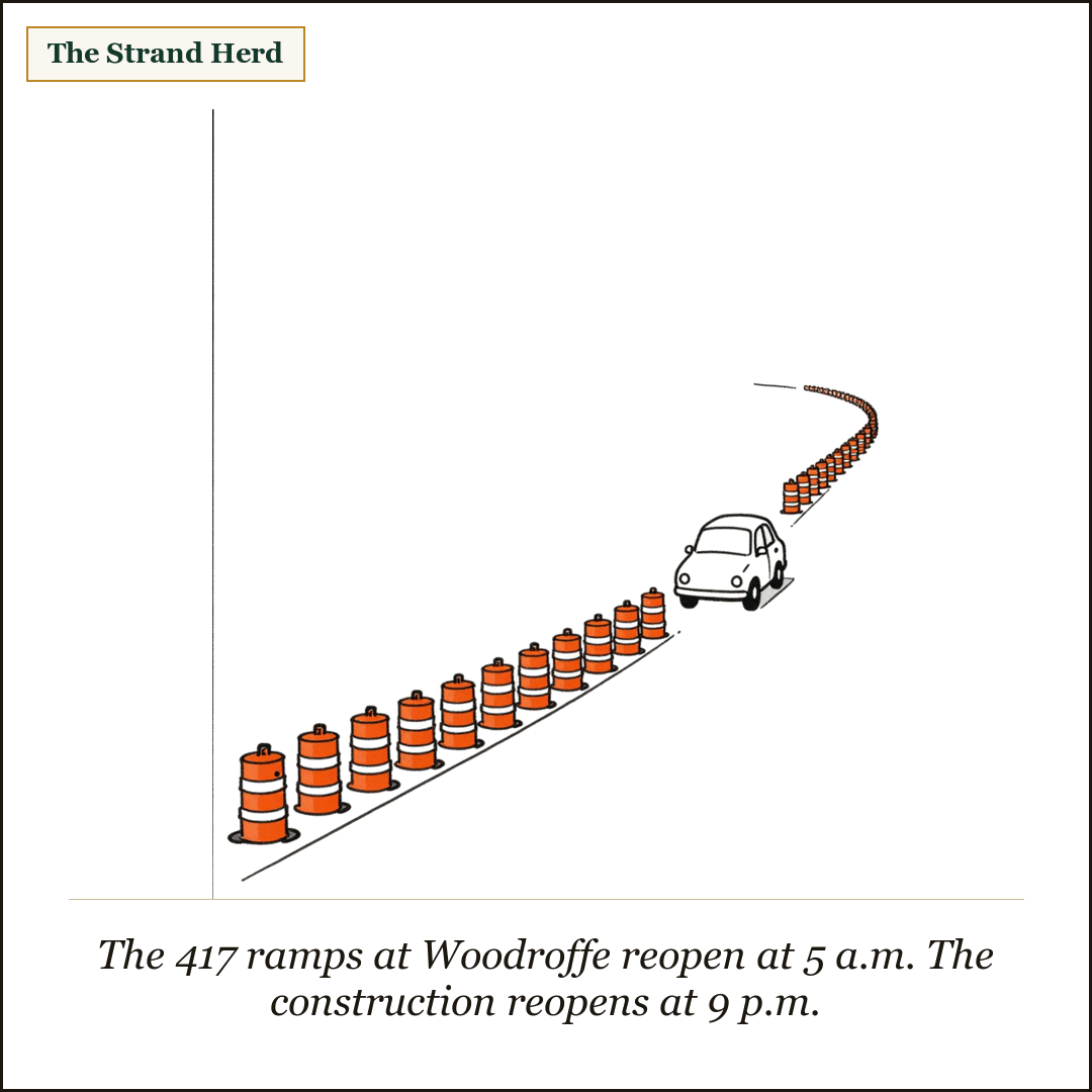 A single small car waits on an empty road beside a long curving row of orange traffic barrels and pylons, with lots of open space around. Caption: The 417 ramps at Woodroffe reopen at 5 a.m. The construction reopens at 9 p.m.