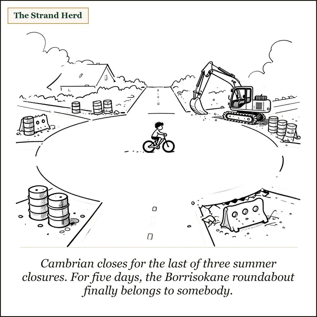 A loose ink cartoon of an unfinished suburban roundabout torn up for construction, ringed with barrels and barricades and an idle excavator, with a single child riding a bicycle in a wide circle around the empty pavement.
