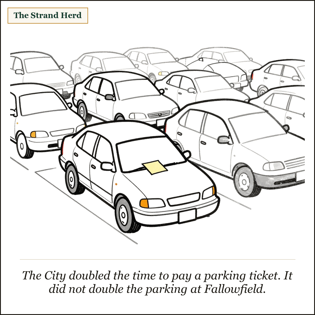 A packed commuter parking lot of cartoon cars, with a small blank yellow slip tucked on the windshield of the car in front.