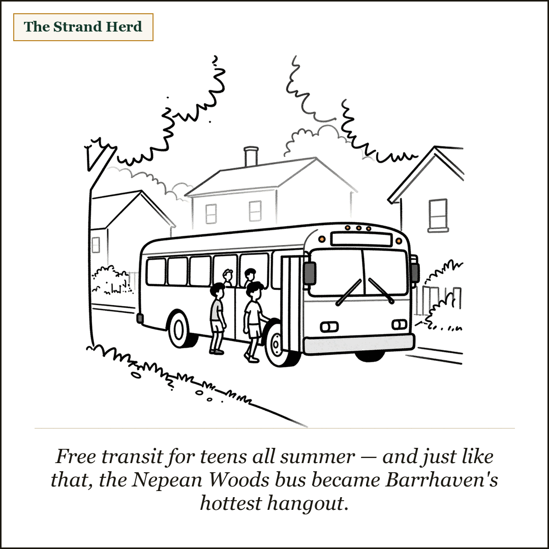 A loose ink cartoon of a city transit bus stopped on a leafy Barrhaven street with a few teenagers climbing aboard.