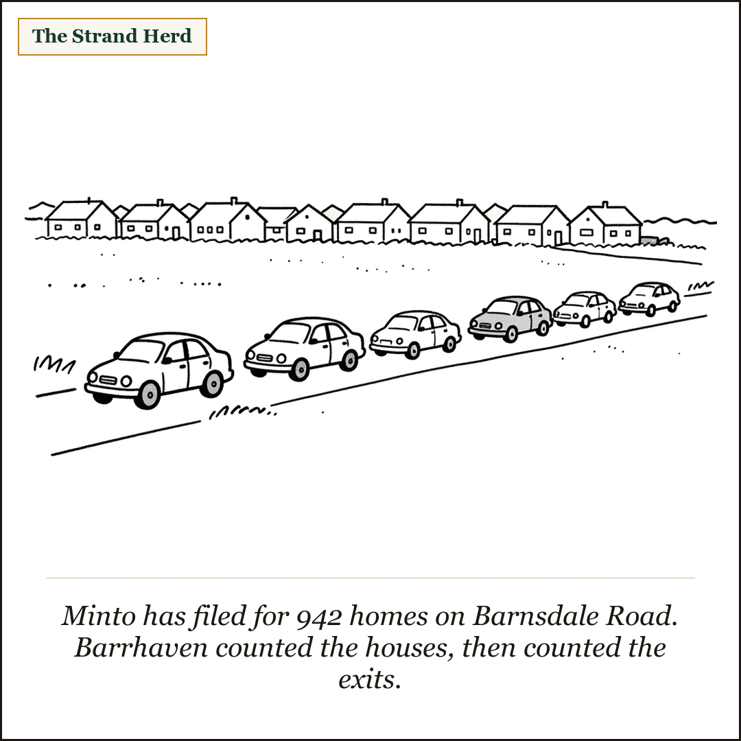 A cartoon of a long line of cars stopped on a country road, with a row of identical new rooftops behind them.