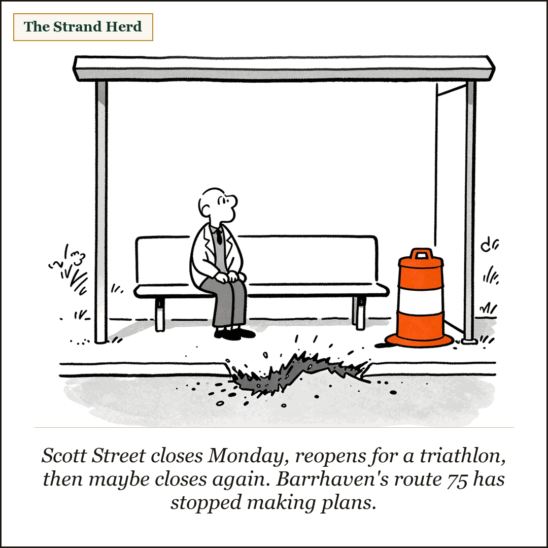 A loose ink cartoon of a lone commuter waiting alone on a bus shelter bench beside a dug-up stretch of road with an orange construction barrel.