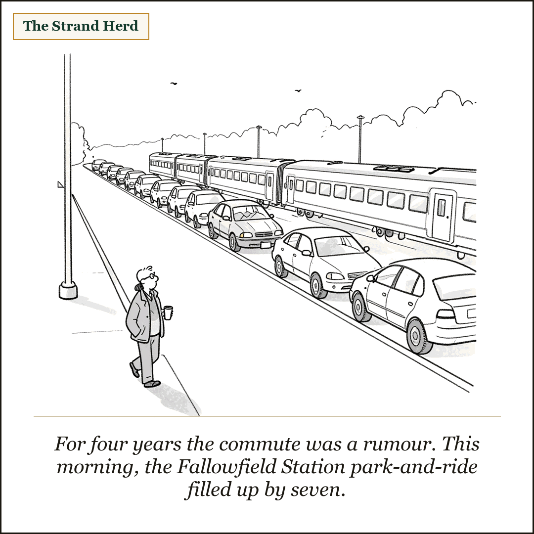 A loose ink cartoon of a suburban commuter train stopped alongside a long line of parked cars filling a park-and-ride lot at dawn, one lone commuter in a jacket walking toward the platform holding a travel mug, long morning shadows.