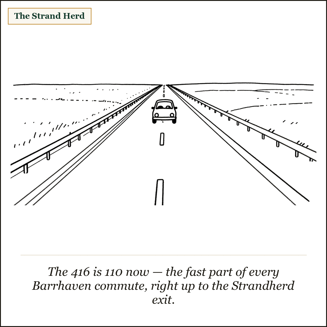 A loose ink cartoon of a single small car driving alone on a wide open divided highway with guardrails, sweeping toward a flat distant horizon under a big open sky, flat farm fields on either side.
