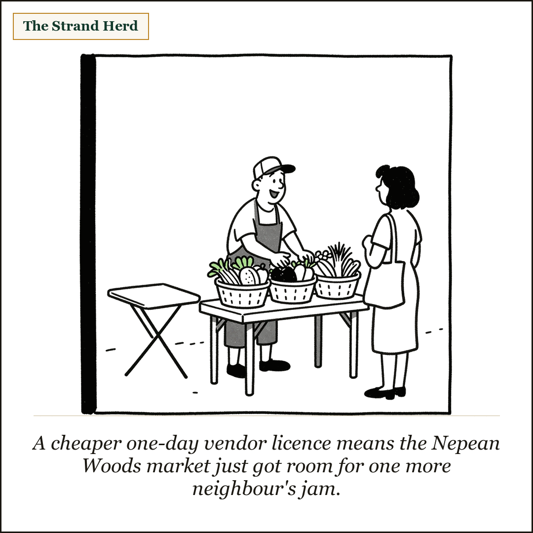 Loose line cartoon: a vendor in an apron and cap arranges baskets of fresh vegetables on a small table at an outdoor farmers market, an empty folding table beside them, a shopper with a cloth bag facing him.