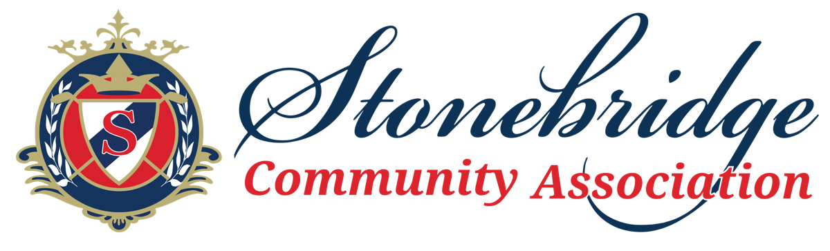 Stonebridge Community Association logo: a crest with a red and navy shield and a gold wreath, beside the association name.