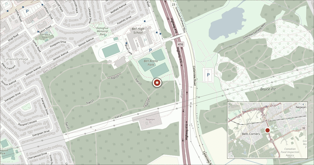 Map showing Highway 416 northbound off-ramp to Holly Acres Road in Ottawa