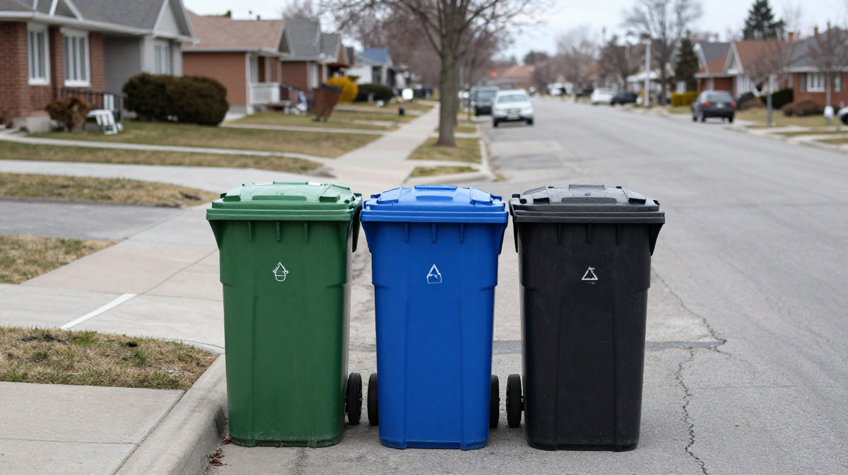 Three residential curbside bins, green, blue and black, lined up at the edge of a suburban street with houses and parked cars in the background.