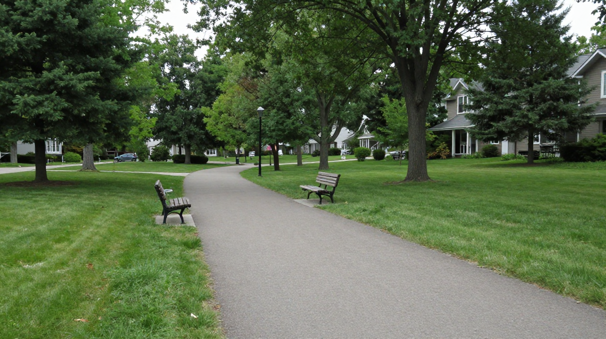 A paved walking path curves through a grassy suburban park lined with mature trees, two empty park benches, and houses visible in the background under an overcast sky.