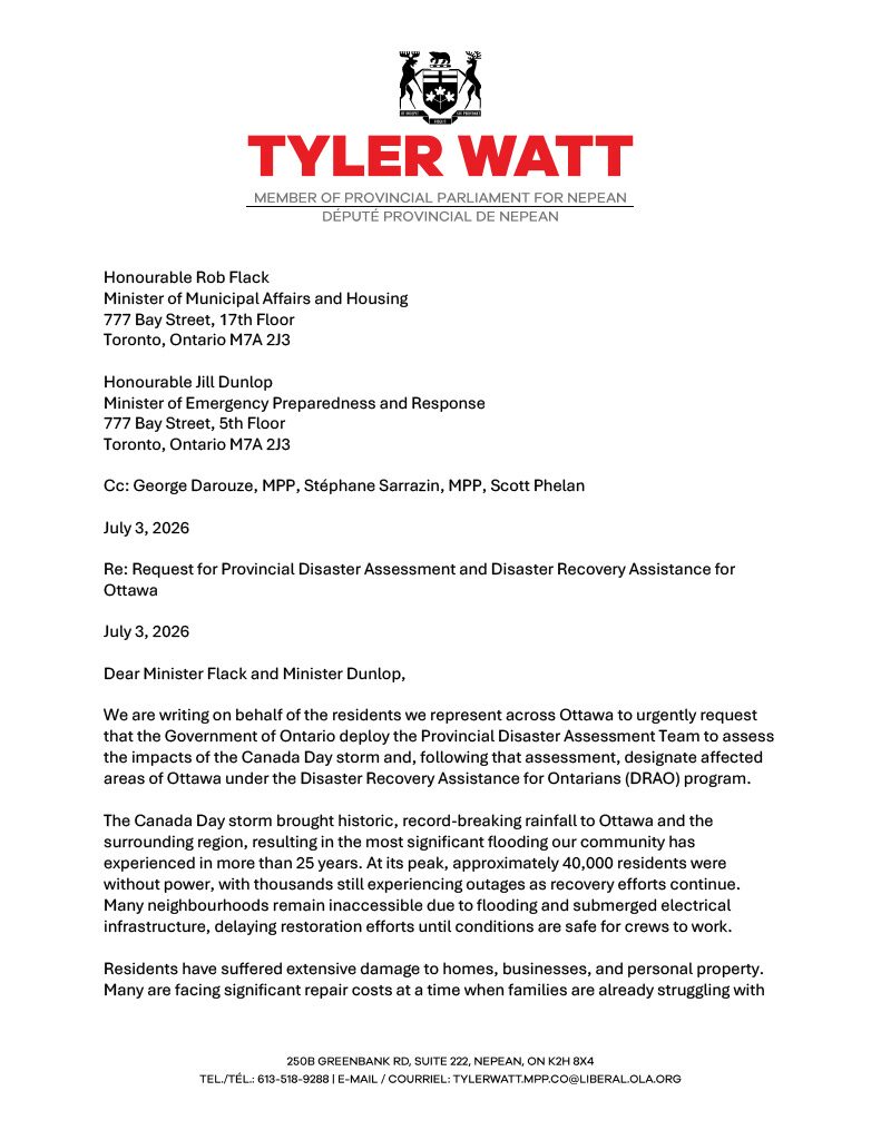 A Tyler Watt MPP letter page requesting provincial disaster assessment and Disaster Recovery Assistance for Ottawa after the Canada Day storm.